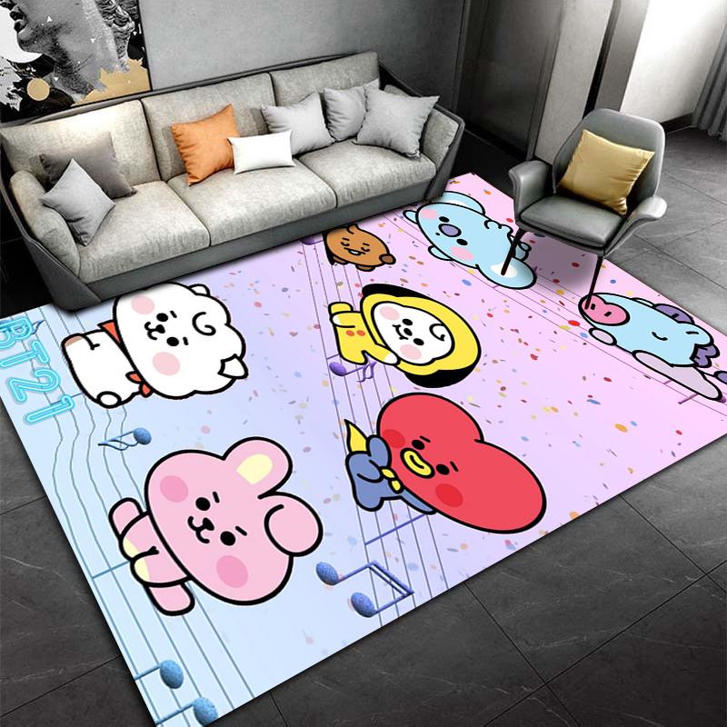 BT21 Cartoon Characters Carpet with Cute Animals On Colorful Design Suitable for Use As an Anti-slip for Living Room Bedroom Sofas