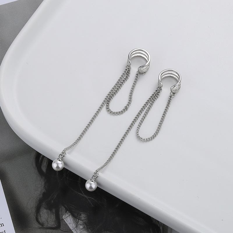 Pearl Chain Fringed Ear Bone Ear Clips Female Round Face Thin Long Ear Bone Clips No Ear Piercings Earrings Autumn