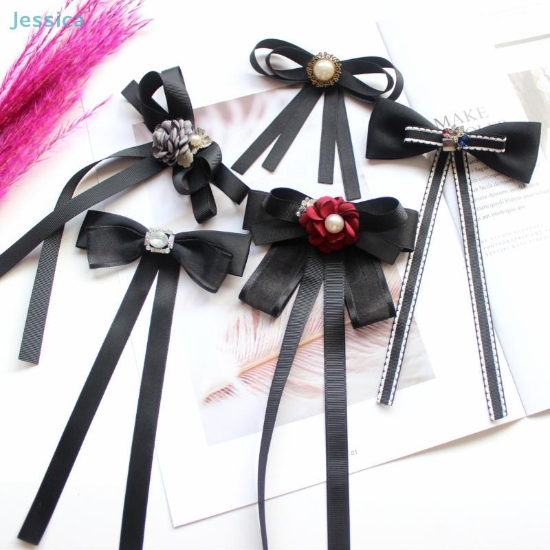 British Korean College Style Handmade Ribbon Black Bowtie Pins Bow Tie For Women'S Girl Shirt Collar Flower