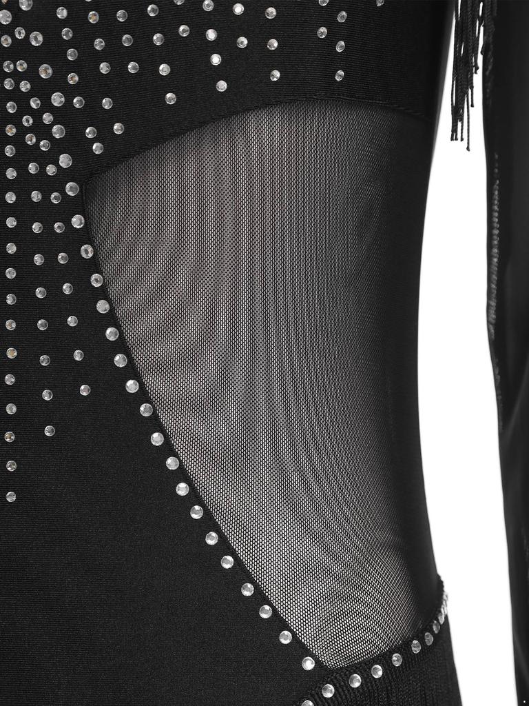 Damski trykot body do tańca latynoamerykańskiego Tango Siateczkowe wstawki Błyszczące dżety Frędzle Długi rękaw Rozpinany krok Kombinezon