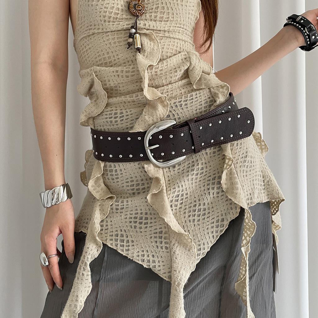 Retro Punk Pu Leather Wide Belt With Studded Decor For Womens Vintage Skirts And Jeans