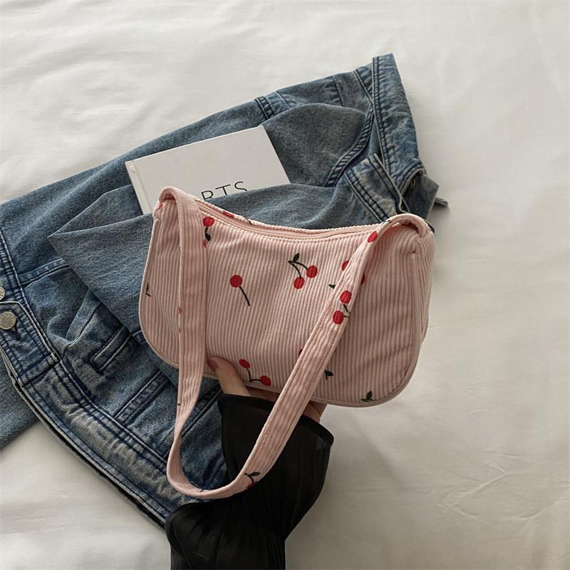 

Trendy Cherry Print Canvas Shoulder Bag For Women In Black Pink And White Colors рожевий