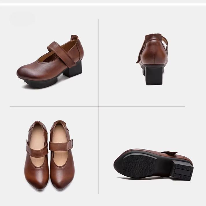Johnature Allsidige pumps Ekte skinn Hæler Retro Rund tå Grunne Damesko