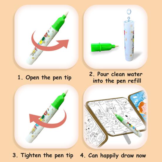 Çocuklar İçin Boyama Kitabı (Sulu Boya Kalemli) Yeniden Kullanılabilir Kirlenmeyen Su ile Boyama Kitabı Hayvan Araç Sebze Meyve Sayı Okul Öncesi Öğrenme Boyama Kitabı