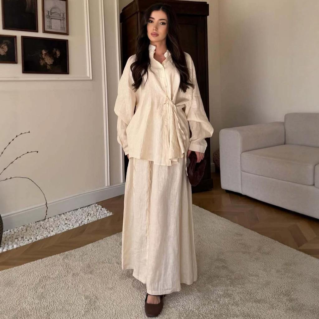 Autumn New European and American Amazon Cross-border Lace-up Shirt Long-sleeved Top A-shaped Skirt Two-piece Set
