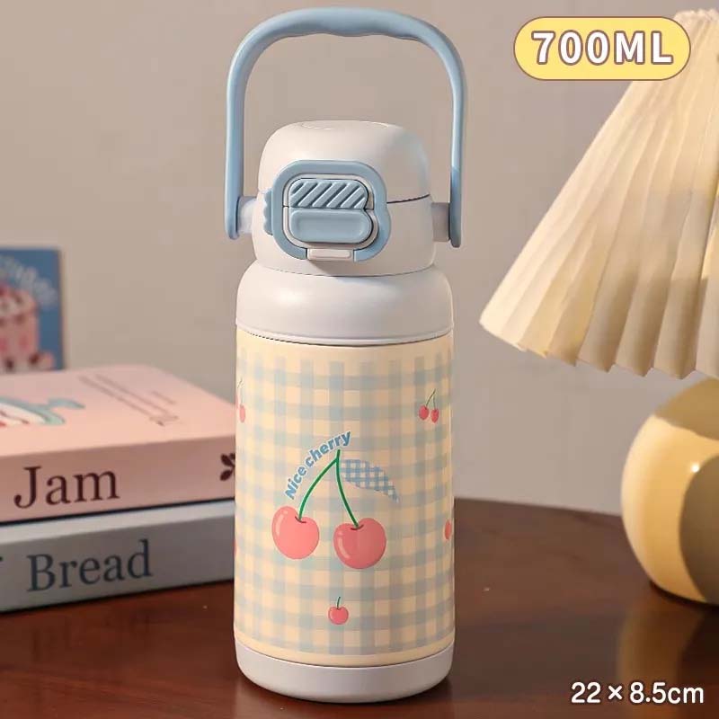 700ML Cute Bow Thermo Water Bottle For Girls Portable Handle 316 Double Drinking Outdoor Sports Straw Vacuum Thermal Bottle Gift