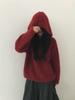 Korean Red Lambswool Brushed Half-Zip Hooded Knit Pullover Sweater for Women - Autumn/Winter Fashion.