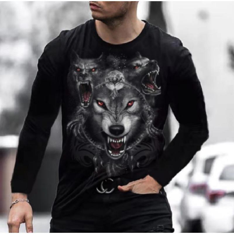 European American men's casual T-shirt with fierce animal 3D digital printing loose men's round neck long sleeved T-shirt