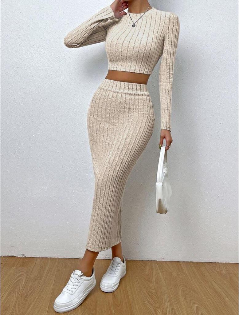 Prążkowany Zestaw Damski Dopasowany Top Crop z Długim Rękawem i Wąska Spódnica Ołówkowa z Wysokim Stanem