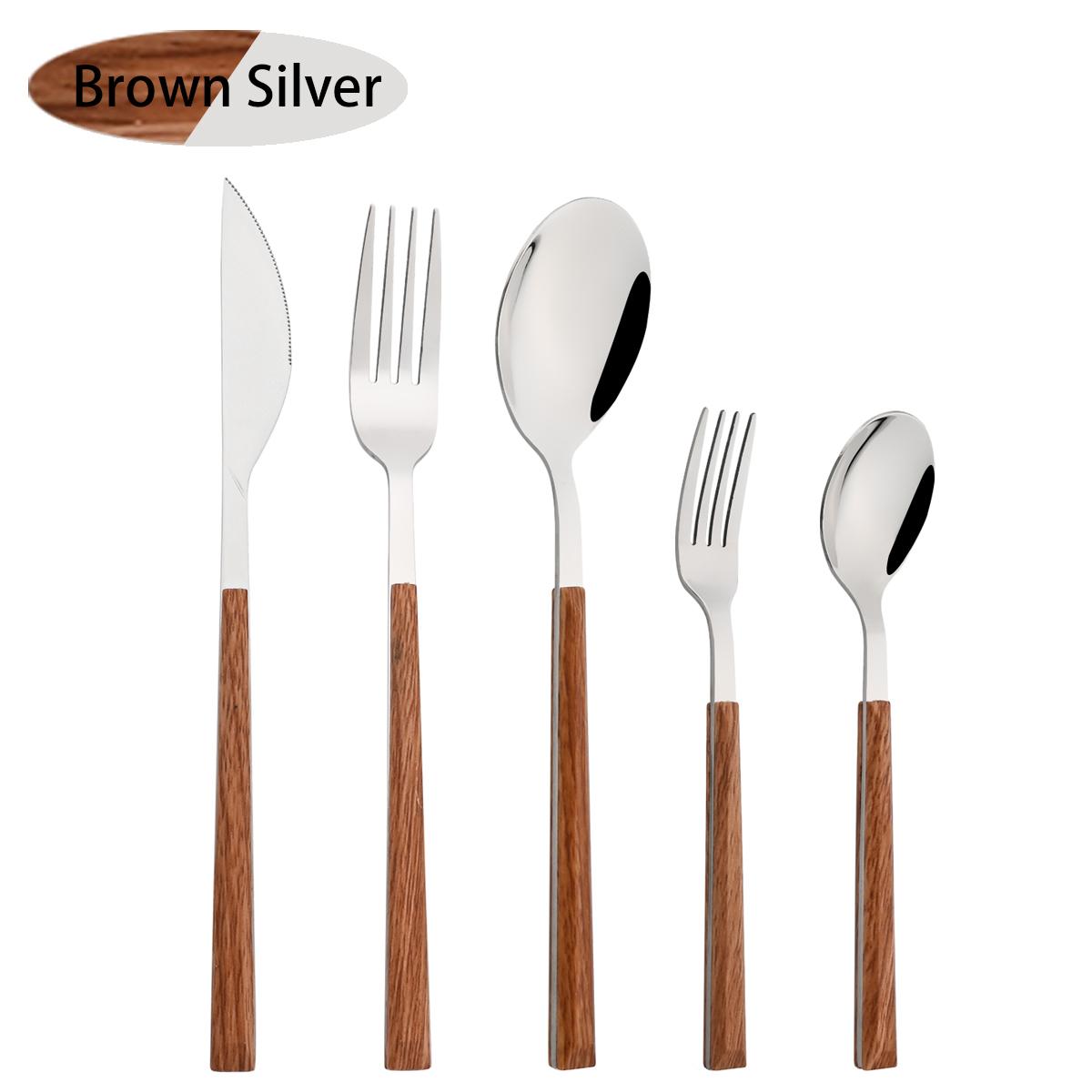 

Набор столовых приборов из 5 предметов с ручками под дерево, нож, десертная вилка, ложка, набор посуды, столовые приборы из нержавеющей стали, креативная золотая посуда