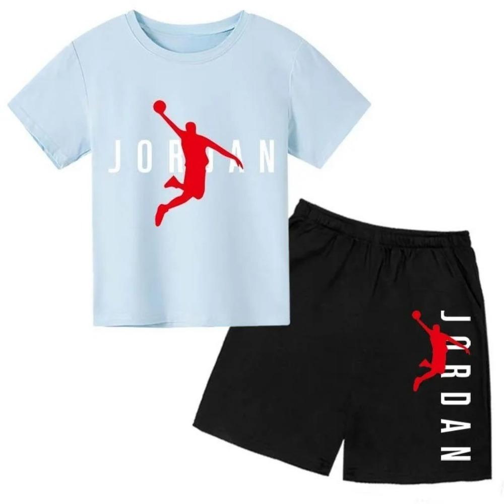Set Estivo 2 Pezzi T-shirt a Maniche Corte con Stampa Lettere del Brand + Pantaloncini per Bambini e Bambine Set Casual alla Moda