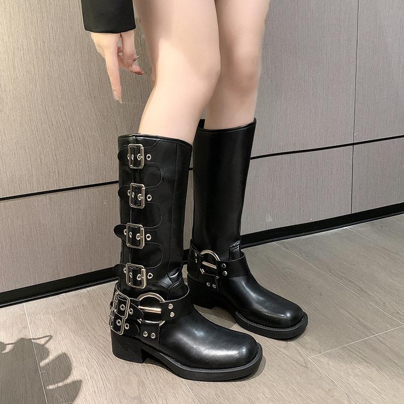 Fashion Belt Buckle Block Heel No Knee Long Thigh Fashion Boots Women's Square Toe Motorcycle Boots