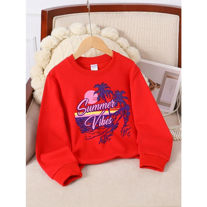 European Sizes Girls Soft Crewneck Sweatshirt Summer Vibes Palm Tree Sunset Beach Print, Casual All-Match, Ideal Holiday Present
