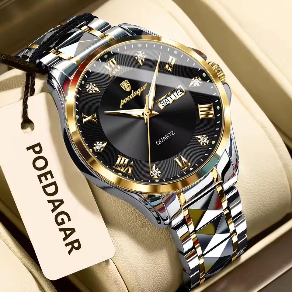 POEDAGAR Fashion Military Men Clock Waterproof Luminous Date Week Man Wristwatch Stainless Steel Quartz Watches Male Reloj