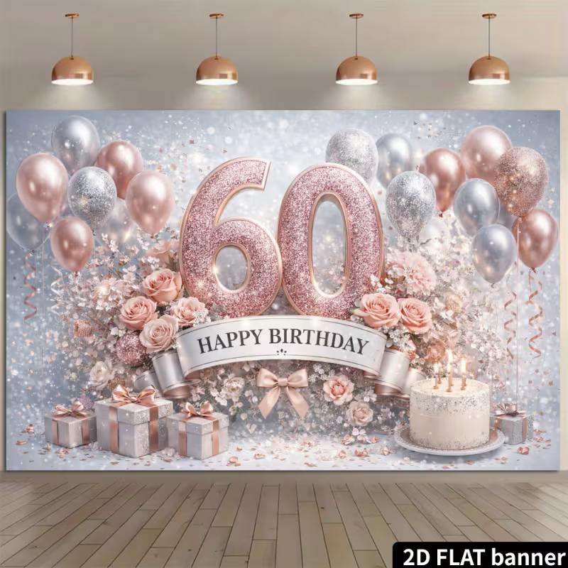 2D Rose Gold 60th Happy Birthday Backdrop for Milestone Party Background