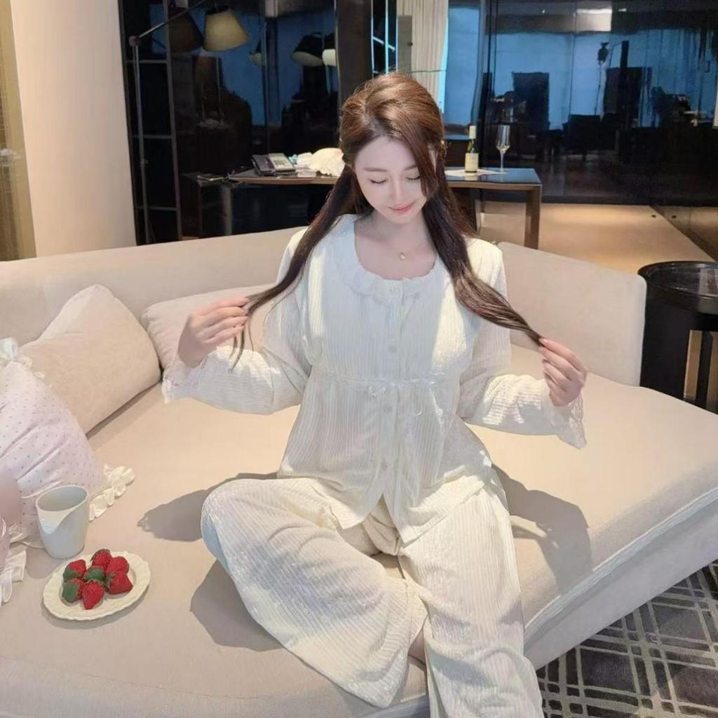 High-End French Princess Style Sea Island Cotton Women's Pajamas - Autumn/Winter Thick Cardigan Homewear