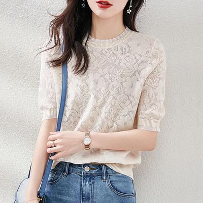 T-shirt à manches courtes pour femme, printemps et été, tempérament, bordure en dentelle ajourée, coupe courte ample, hauts fins en tricot