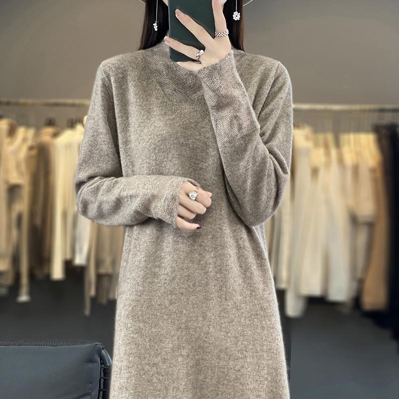 Women's Cashmere Dress Qinghe Cashmere 70% Wool 30% Cashmere Women's Autumn and Winter Cashmere Dress Soft and Warm