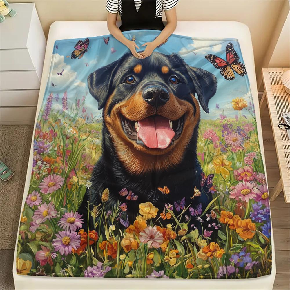Rottweiler and Garden,pattern Flannel Blanket, High quality Comfortable for All Seasons, Home Decor, Warmth and Comfort, Perfect for Gifts.