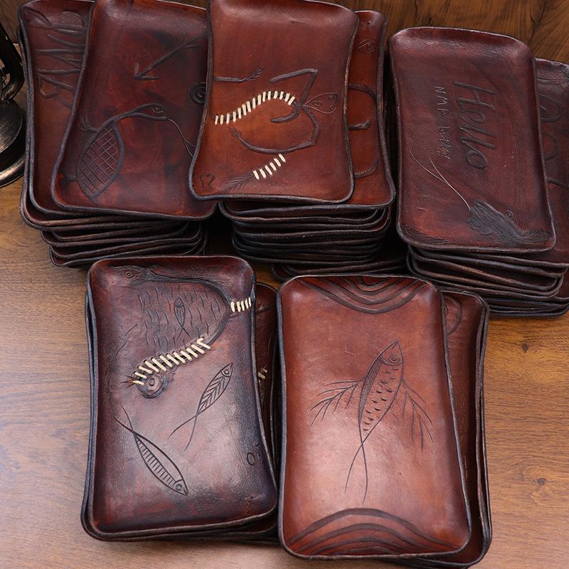 

Cowhide Handmade Leather Carving Nordic Retro Entrance Key Storage Box Jewelry Silver Jewelry Cowhide Stationery Storage Tray