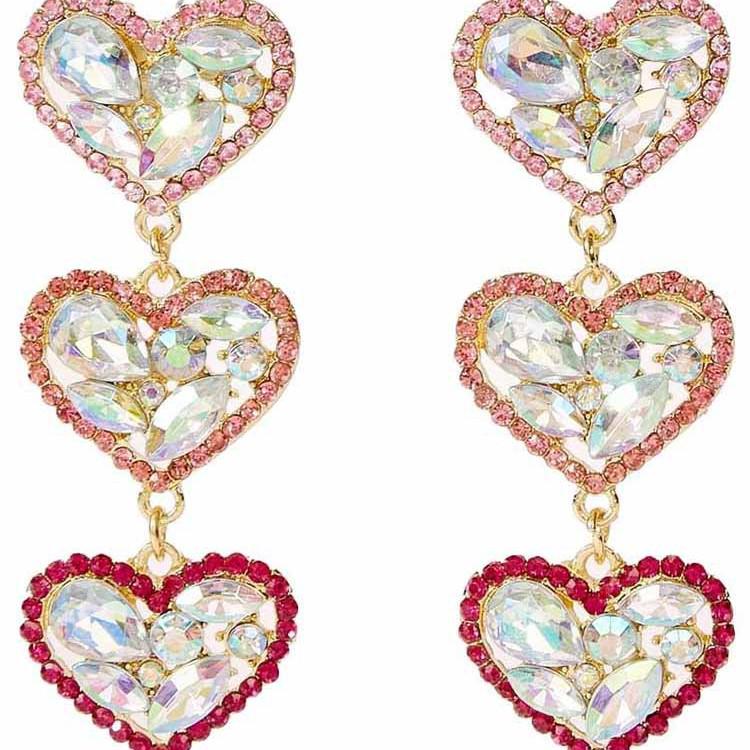 European & American Love Heart Multi-layer Rhinestone Dangle Earrings розовый