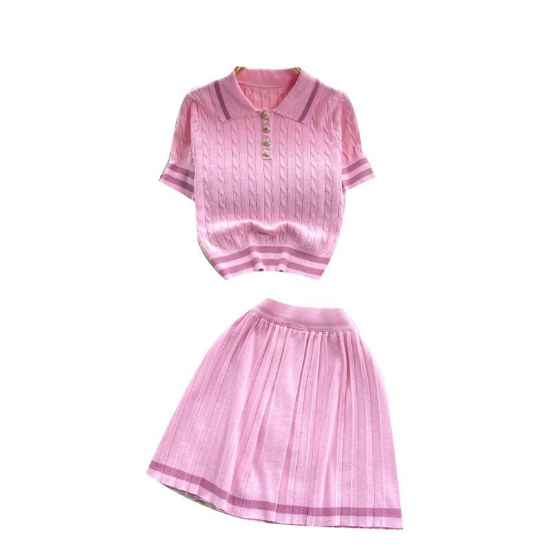 Summer New Arrival Easiest for Match Two-Piece Dress of Knitted Sweater Women's Retro Contrast Color Short Sleeve Tops + High Waist Pleated Skirt