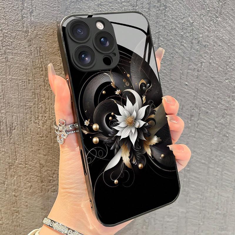 Coque de téléphone noire en verre trempé motif fleur de lotus noire pour Samsung Galaxy S25 S24 S23 Ultra Plus FE