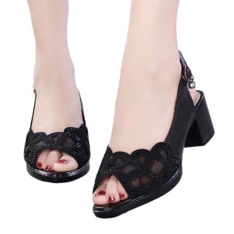 Mesh Sandals Women's High Heeled Fish Beak Sandals Hollowed Out Soft Soles and Thick Heels Work Shoes Summer