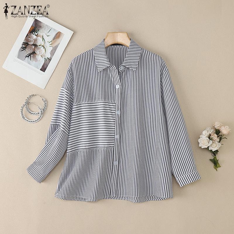 ZANZEA Women Stripe Print Casual Turn Down Collar 3/4 Sleeve Blouse