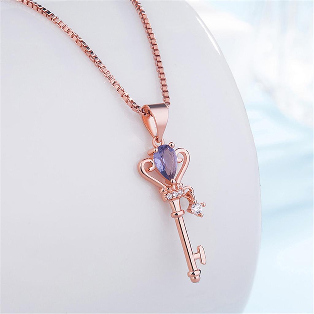 Korean Style 18K Silver Plated Necklace with Rose Quartz, Amethyst, Topaz Gem Key Pendant