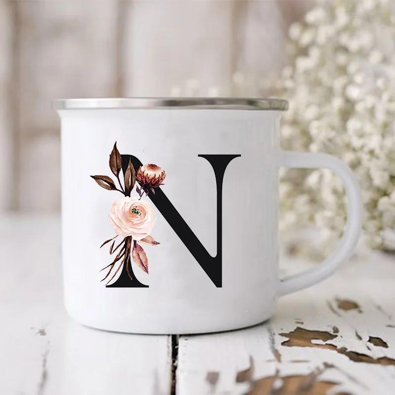 Initial Letter Print Mugs Enamel Creative Coffee Cups Drinks Wine Juice Milk Cup Vintage Home Office Handle Drinkware Best Gifts