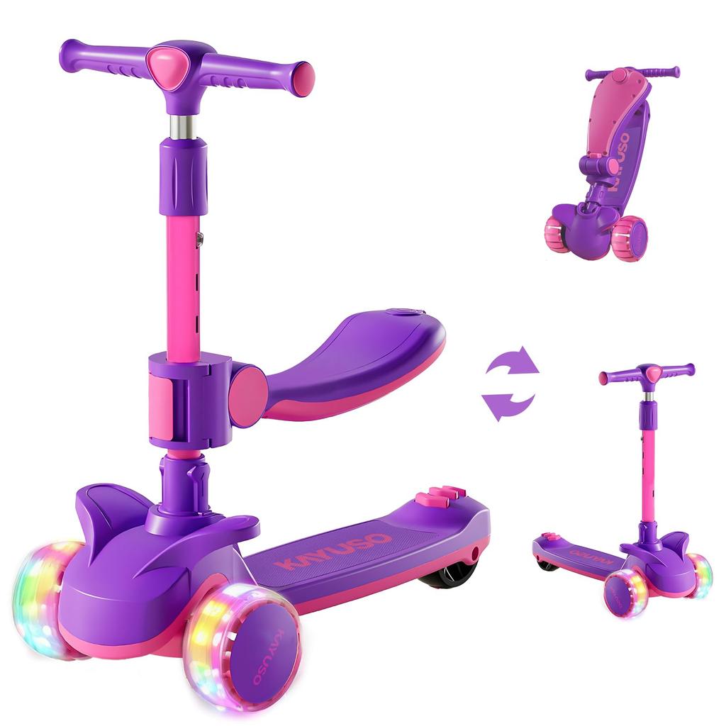 KAYUSO Kick Scooter for Height LED Adjustable Seat Directional 75kg Weight Suitable for Outdoor Birthday Kids, 2-Way Tricycle, 3-Wheel Type, 4-Stage