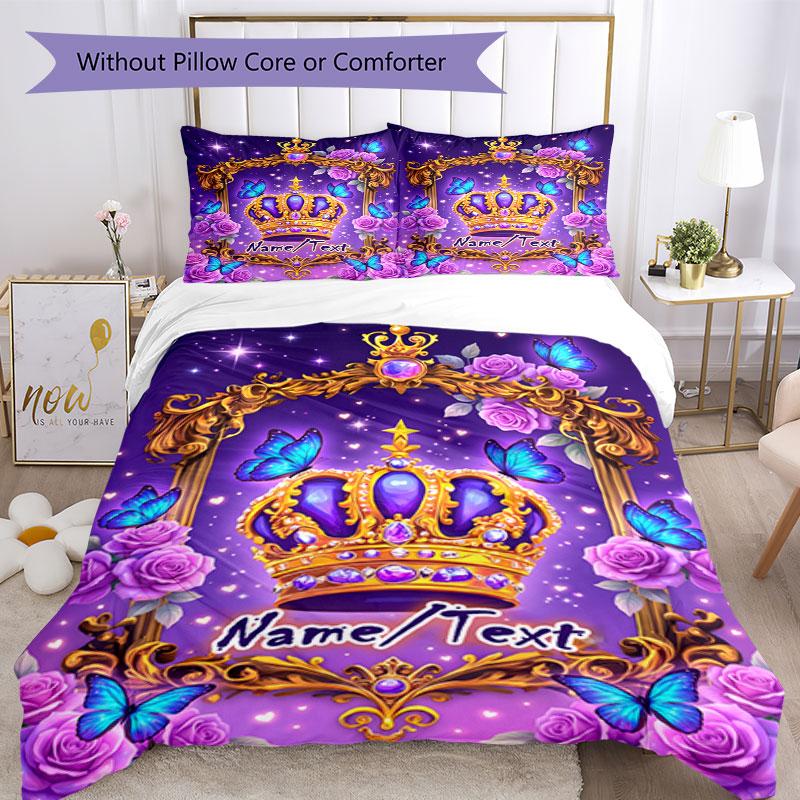 3PC Custom Name Royal Crown Butterflies Frame Bedding Set Printed  Bedding Set Duvet Cover Closure Includes 1 Duvet Cover & 200 Pillowcases for Bedroo