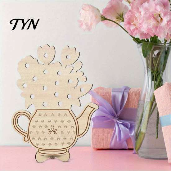 Hand Painted Wood Art Wooden Teapot Shape Flower Holder, Natural Floral Display Stand, DIY Handmade Craft Blank Vase Decor for Artificial Arrangement,