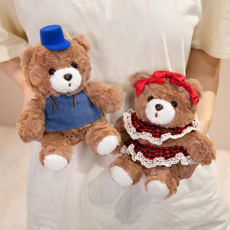 Stuffed Bear Plush Toy 3 Styles Brown Bear Cowboy Hat Red Bow Blue Hat Soft Plush Desk Ornament Home Office Room Decor Gift