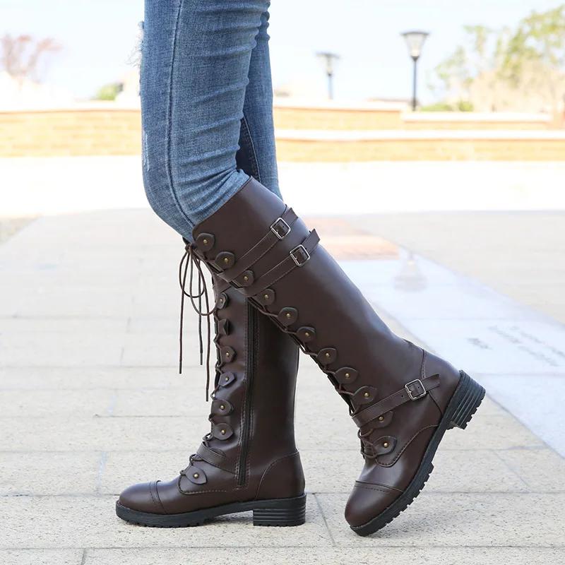 Fashion Women Knee High Boots Autumn Winter Lace Up Flat Shoes Sexy Steampunk PU Retro Buckle Women Shoes Ladies Snow Boots Yui8