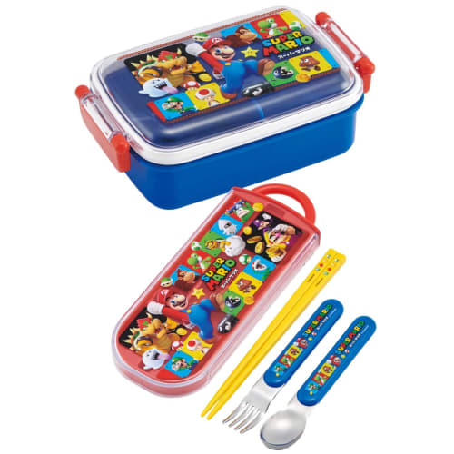 Skater Children's Lunch Box Trio Set Chopsticks Spoon Fork Kids Cutlery Antibacterial Treatment Easy to Open Sliding Type Made in Japan Super Mario 23