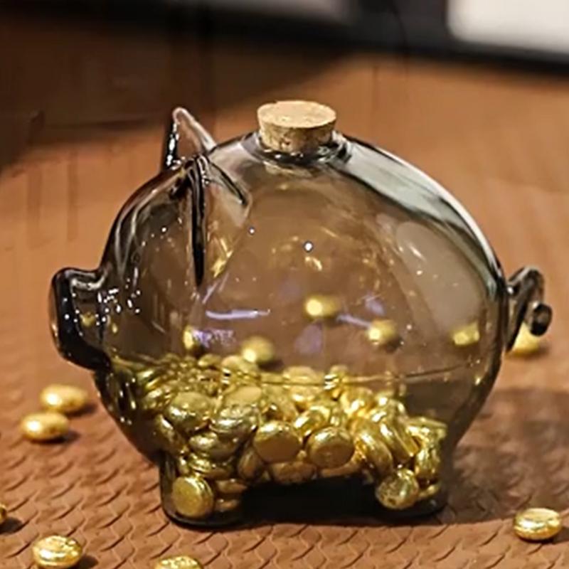 Glass Coin Bank Small Gold Bean Bank Swine Shape Decorative Saving Jar for Dressing Table Bookshelf Commemorative Coin Container