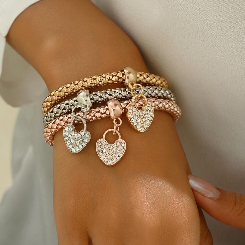 3Pcs Of Life Elastic Bracelet Set For Women Crystal Owl Key Lock Music Note Butterfly Heart Charm Bangle Jewelry
