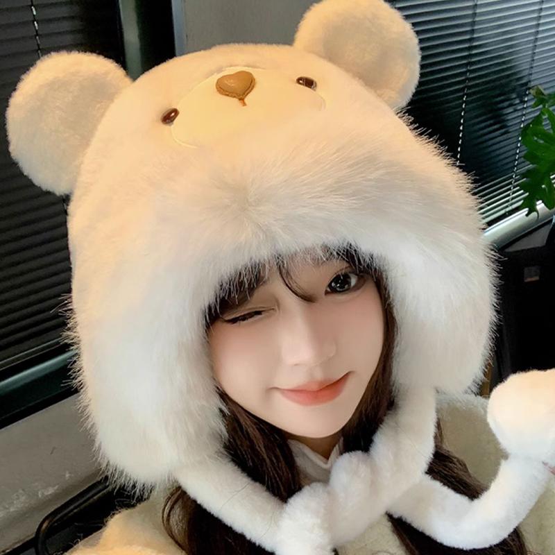 Winter Bear Plush Hat Outdoor Cycling Ear Protection Hat Thickened Warm Hat Casual Fleece Hat Women'S Warmth Essentials