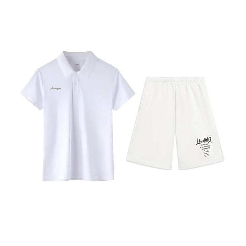 Li-Ning Plain Simple Skin-Friendly Breathable Quick-Dry Comfortable Short Sleeve Polo Shirt Casual Sports Suit Unisex suits White APLV029-12+AKST593-7