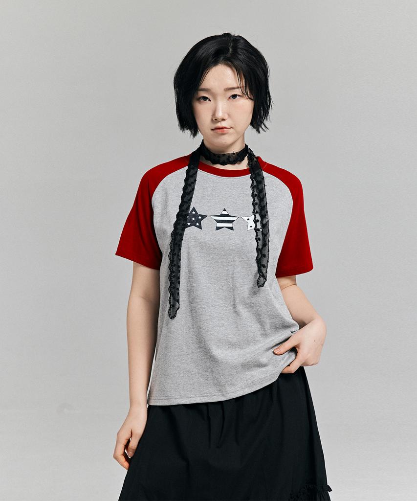 AWESOME STUDIO Y2K Star Graphic Color Block Short Sleeve Tee Melange Grey