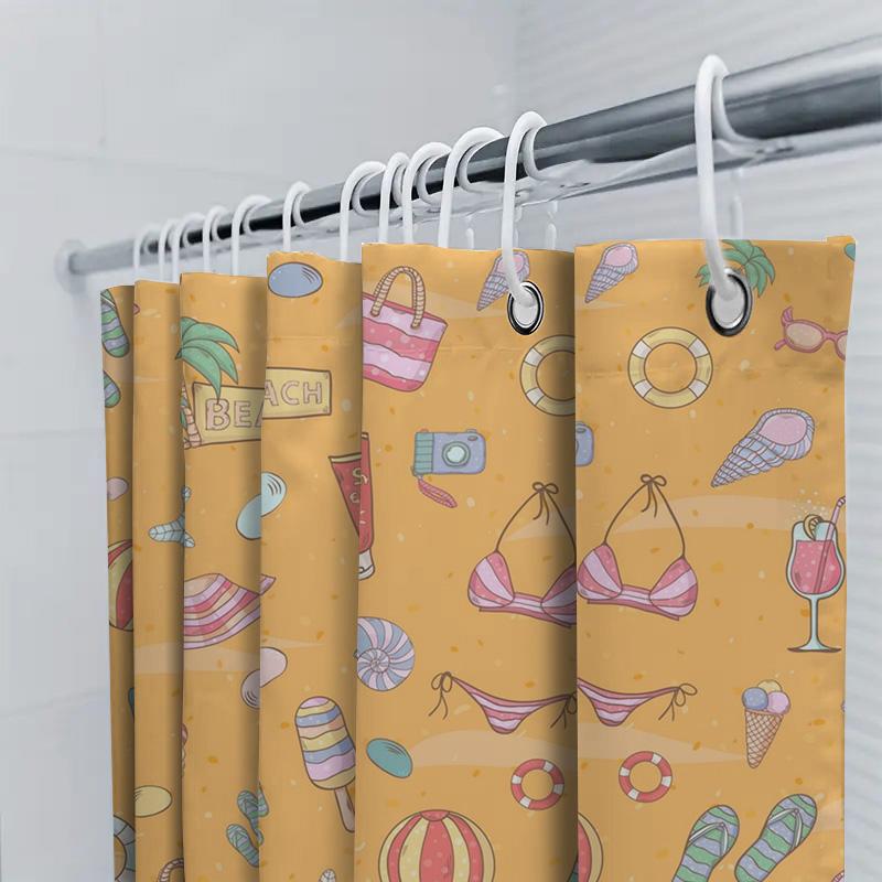 Summer Beach Shower Curtain with Colorful Accessories for Bathroom Decor Sunny Orange Print