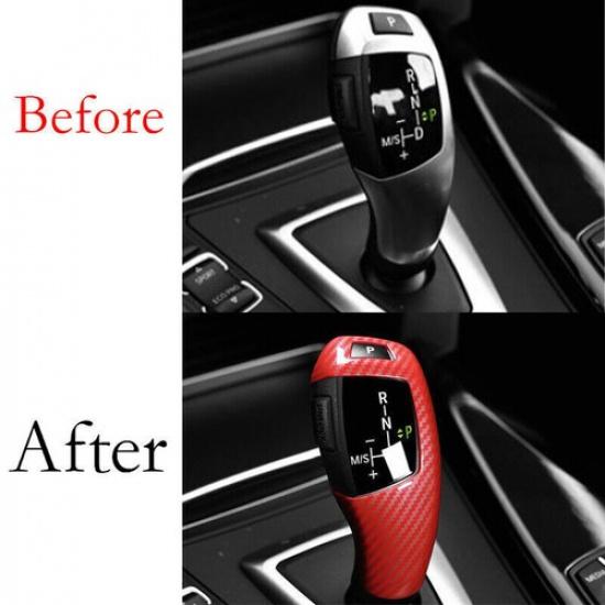 Red 2011-17 Gear Shift Knob Cover For BMW 5 Series Central Console Carbon Fiber