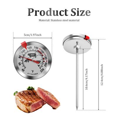1Pc Stainless Steel BBQ Thermometer 40°F–220°F Meat Thermometer with Meat Icon Guide Large Dial Kitchen Thermometer for Grilling
