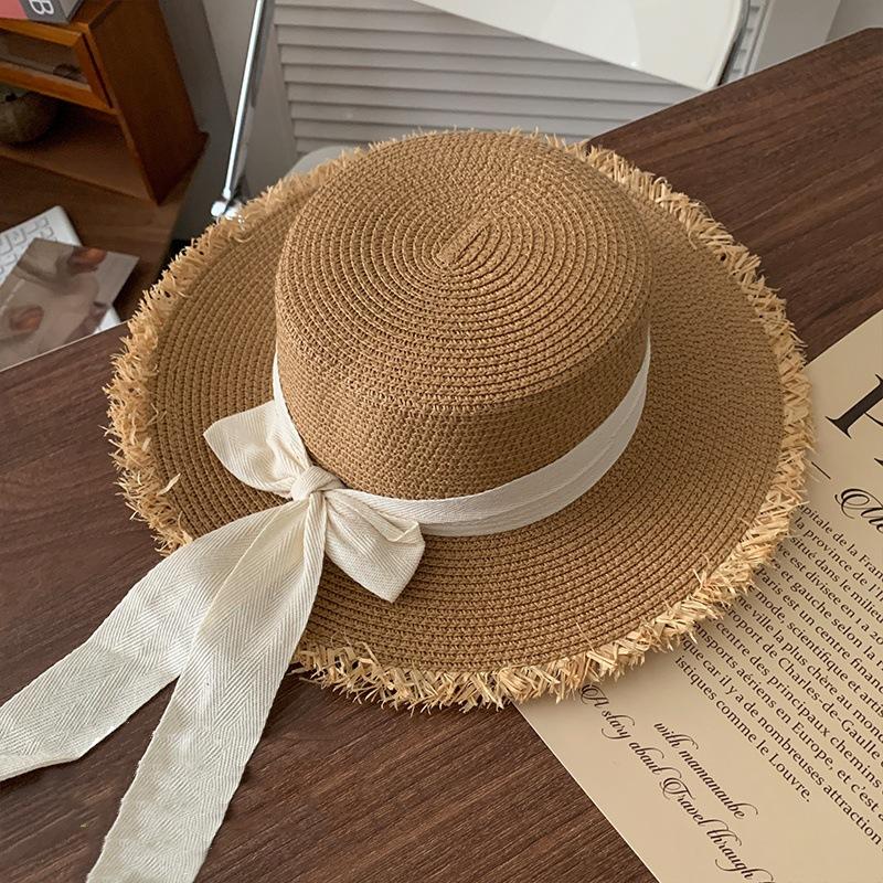 Flat top straw hat women's summer sunshade sunscreen hat vacation style straw hat top hat travel seaside beach hat