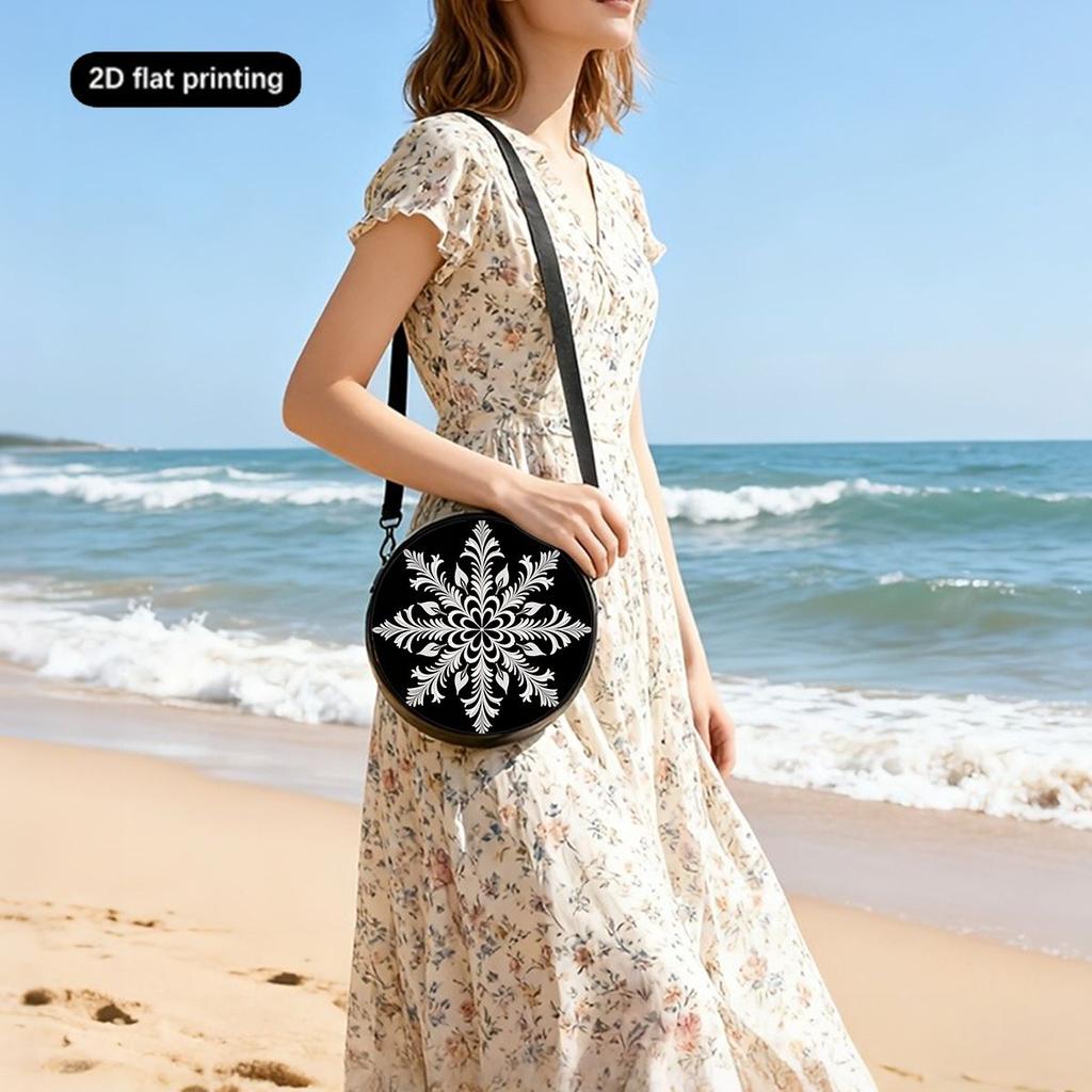 Snowflake Print Women Round Crossbody Bag Vintage Circle Shoulder Bag Adjustable Strap Travel Messenger Bag Gift