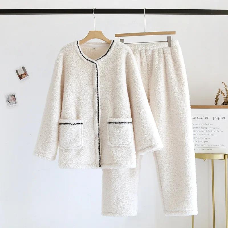 New Autumn and Winter Women's Pajamas Set Flannel Long-sleeved Trousers Two-piece Thickened Warm Ladies Simple Home Clothes