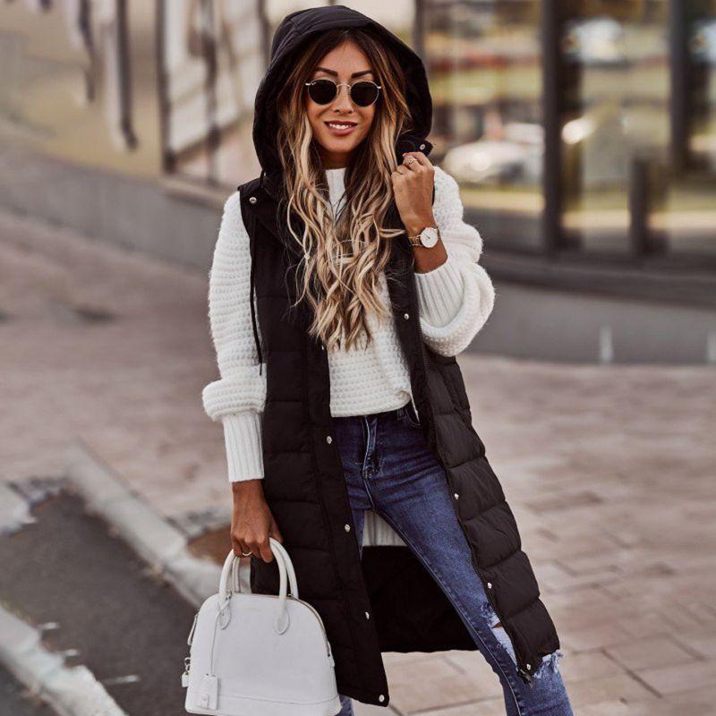 Women's Hooded Long Vest Knee Length Long Cotton Down Vest