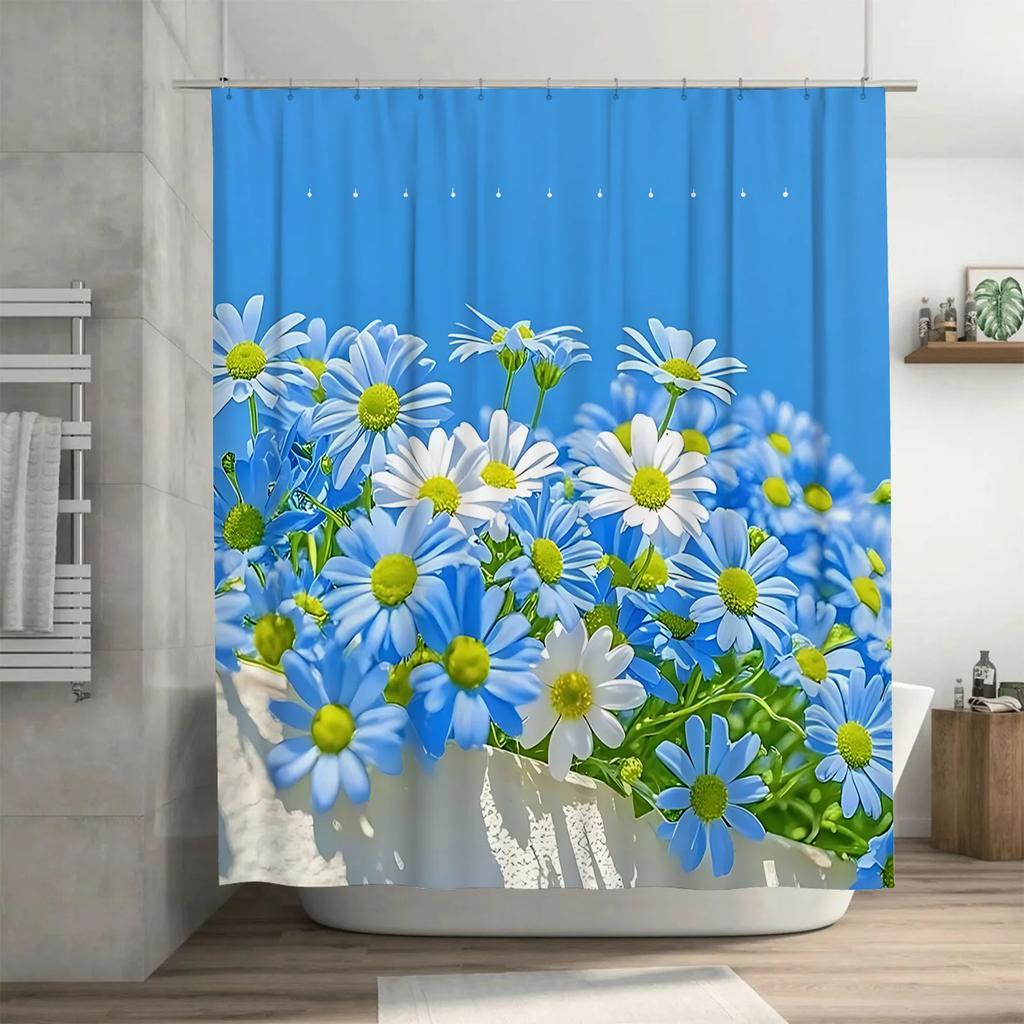 Stylish Shower Curtain with Beautiful Blue and White Daisy Flowers Suitable for Wet and Dry Separation Spring Home Decor